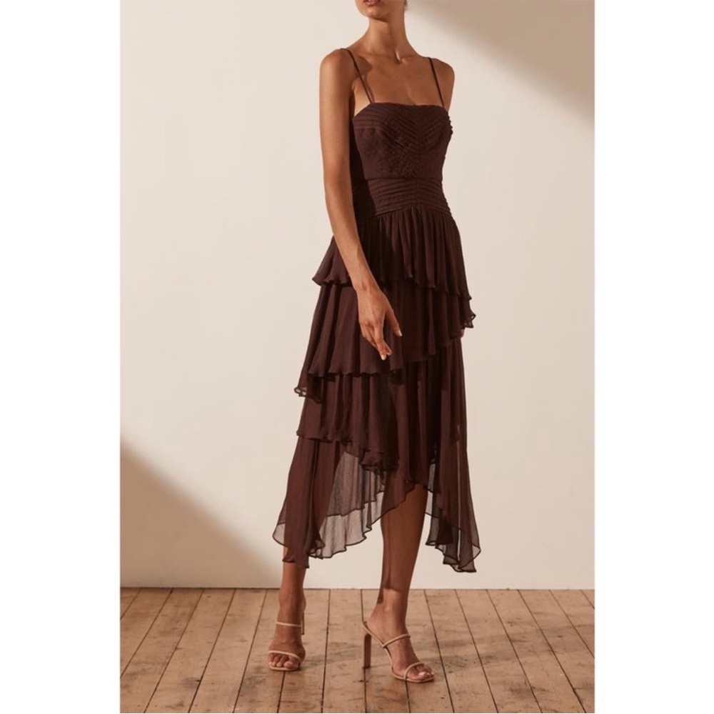 Shona Joy Brown Tiered Midi Dress